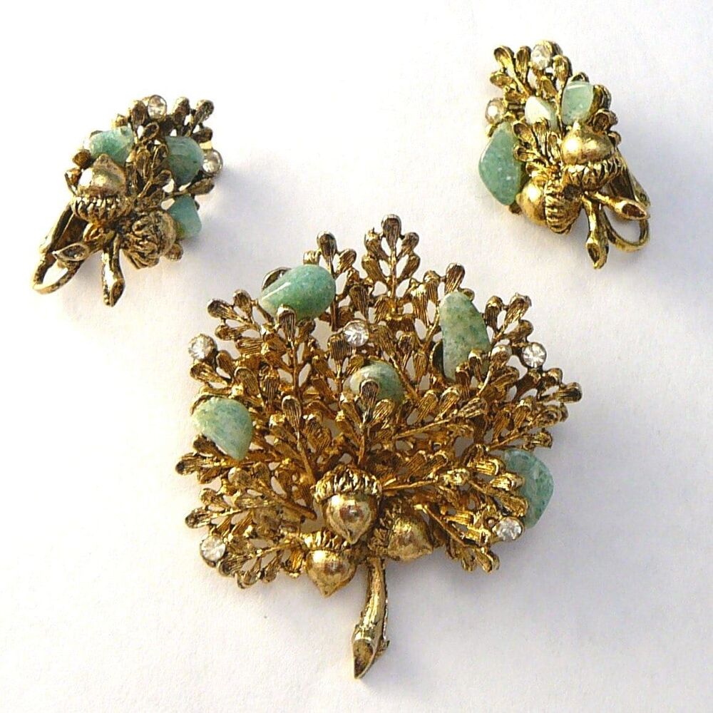 Vintage Acorn Brooch & Earrings Green Stones Oak Tree Pin